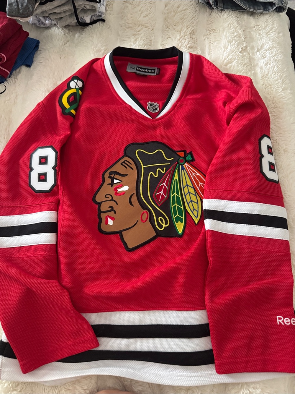 Reebok Women’s Blackhawk’s  Red Black & White V-Neck Hockey Jersey #88 Kane